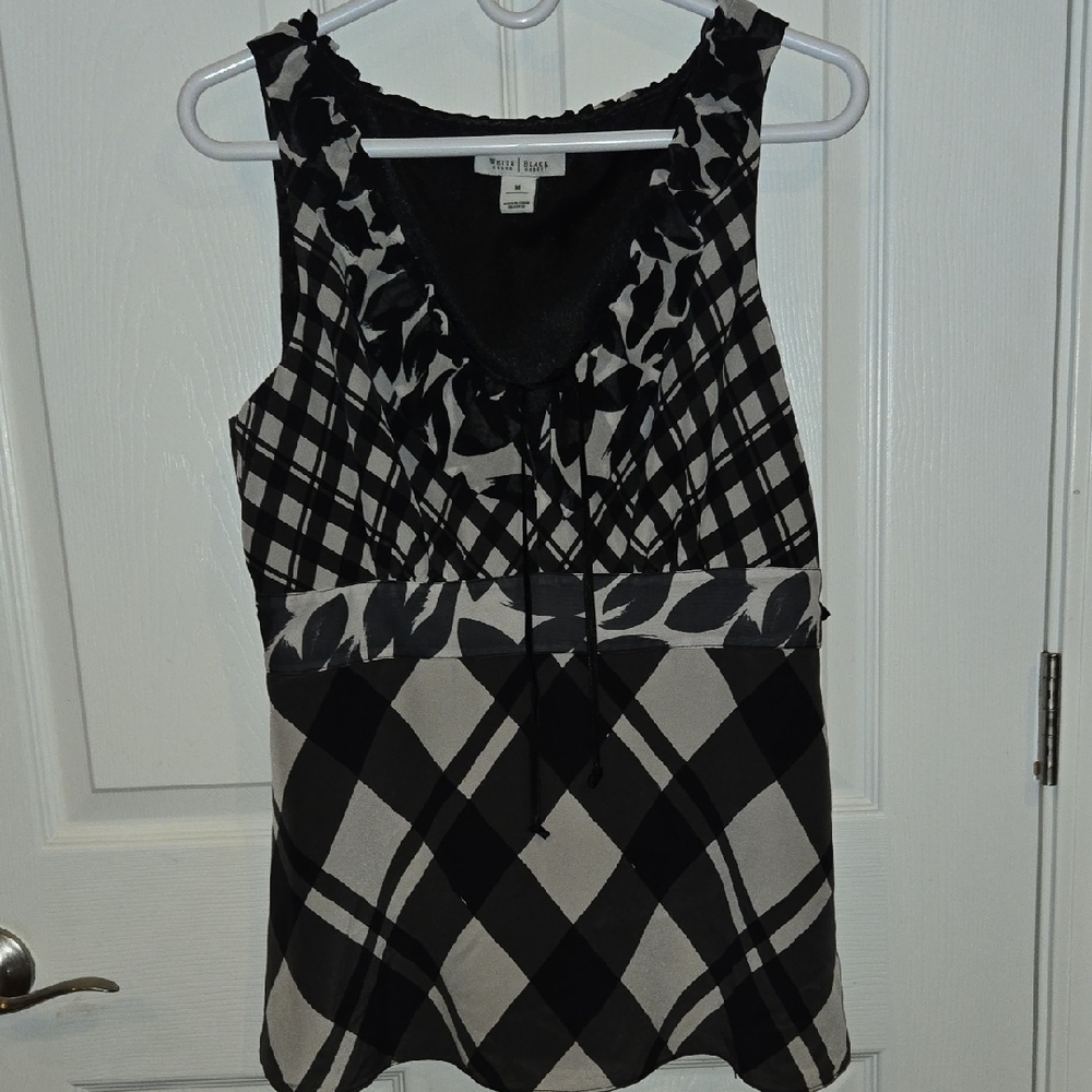 White House Black Market Black and White Plaid Blouse